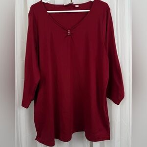 Quacker Factory 1X Red Embellished V-Neck Top 3/4 Sleeve Cotton Blend Plus Size